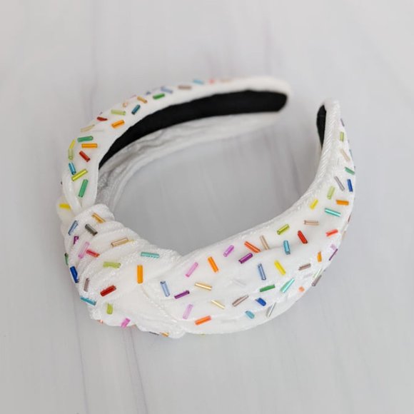 Ivory Confetti Beaded Knot Velvet Headband Rainbow Beads Handmade Knotted Turban main image 5